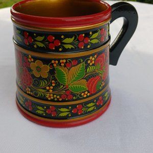 Vintage Russian Wooden Hand Painted Mug  4" x 4 1/8"